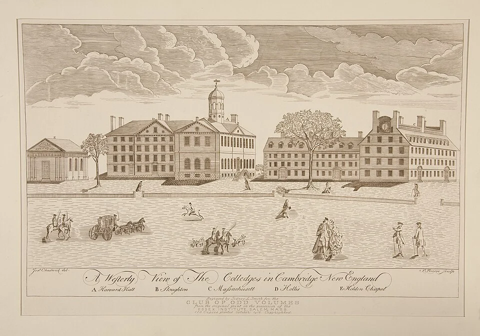 Harvard University — an institutional legacy of Puritan New England; the photograph shows the later campus